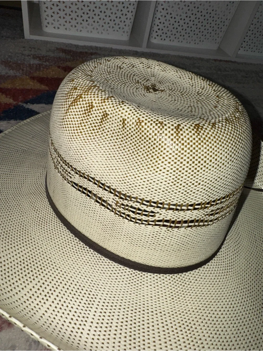 Ariat Cream Straw Hat with Brown Trim and Gold Logo
